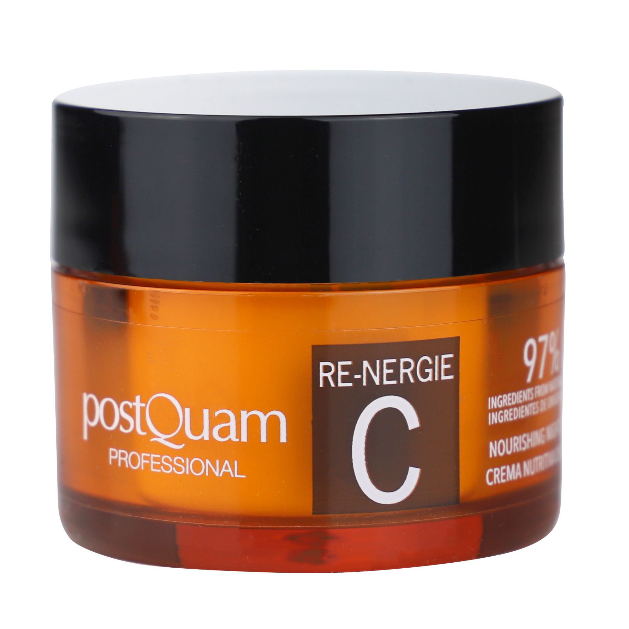 Pot orange avec couvercle noir. Inscription : PostQuam, Re-Nergie C, 97% ingrédients naturels. Pot de crème.
