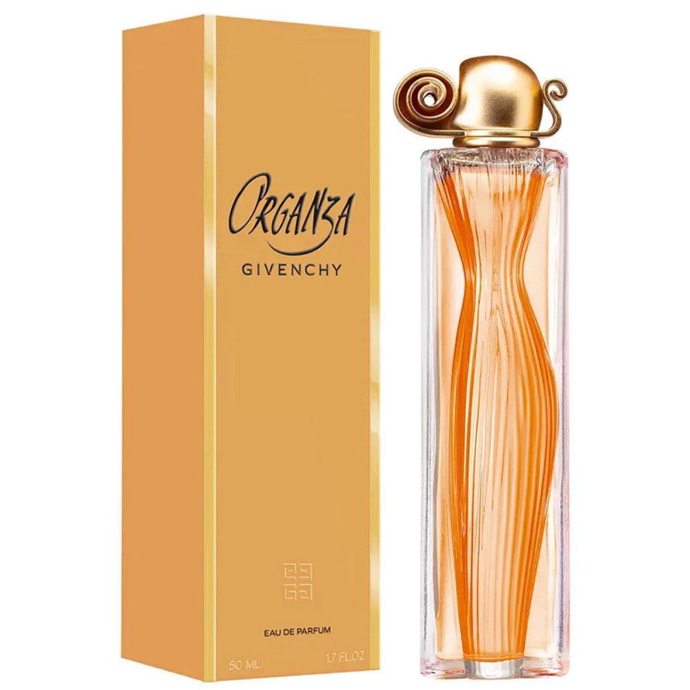 Organza Eau de Parfum fles en verpakking. Goudkleurige fles met gouden dop. Goudkleurige verpakking met opschrift.