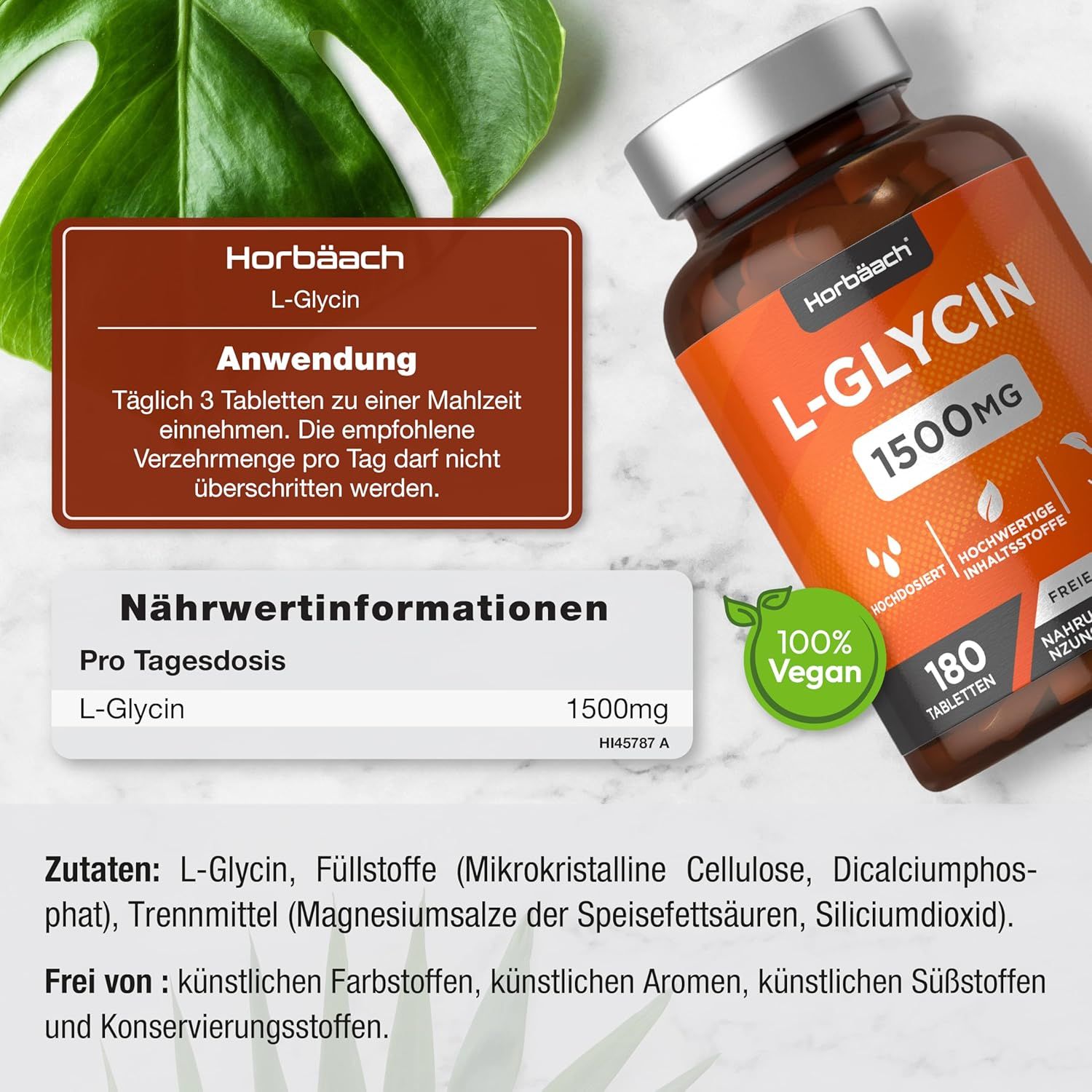 Flacon brun avec étiquette orange. Contient 180 comprimés de L-Glycine 1500mg. Vegan.