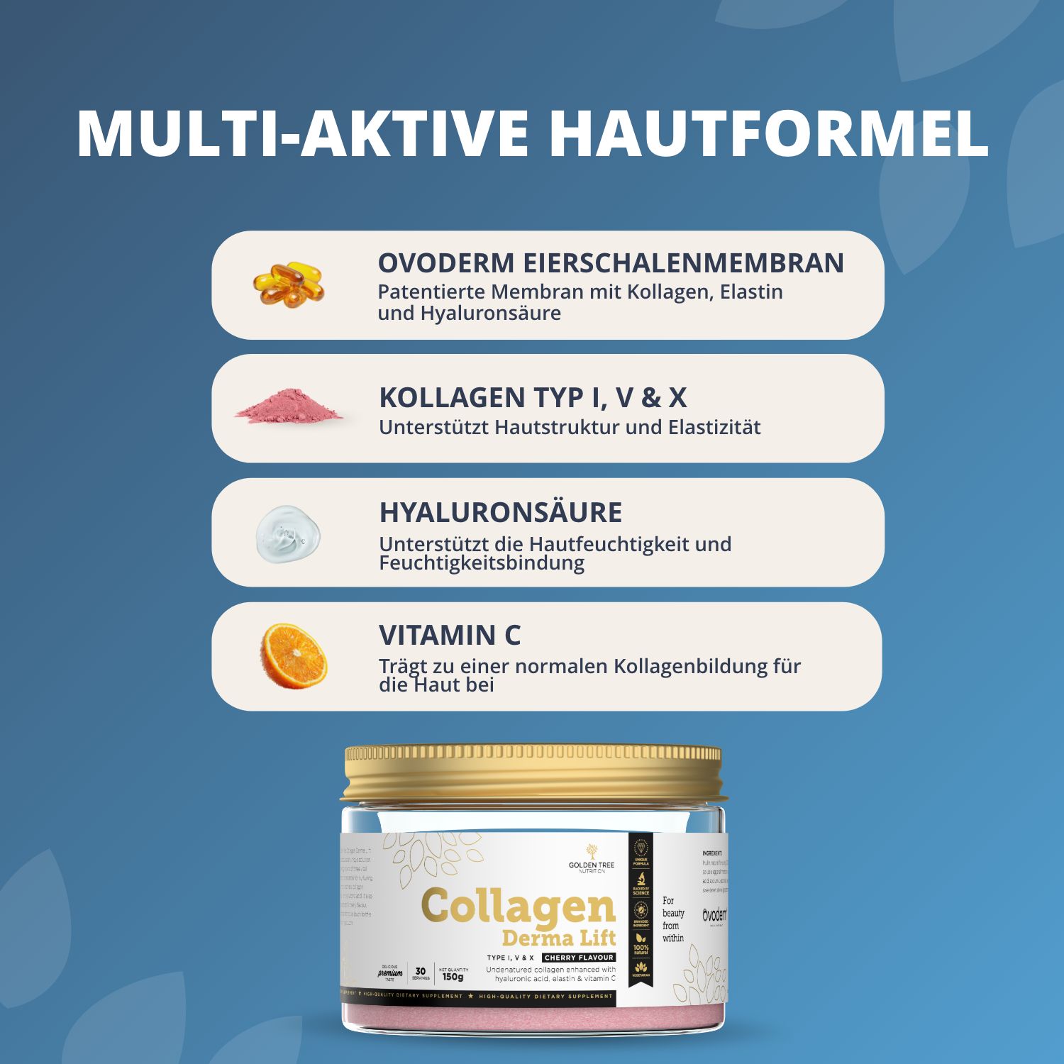 Golden Tree Collagen Derma Lift : Ovoderm, Collagène Type I, V & X, Acide Hyaluronique, Vitamine C.