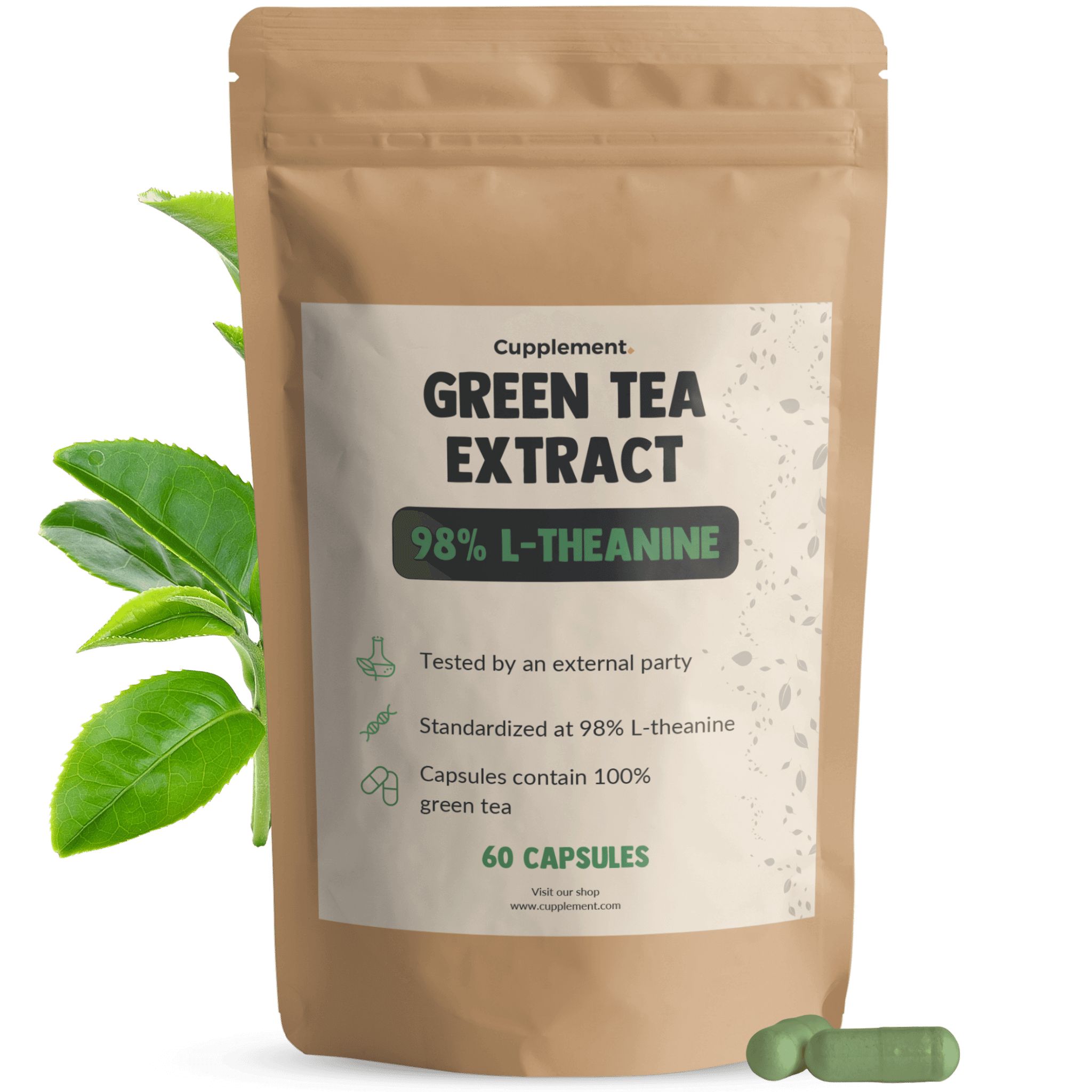 Sachet marron avec gélules vertes. Texte: Green Tea Extract, 98% L-Théanine, 60 gélules. Feuilles vertes.