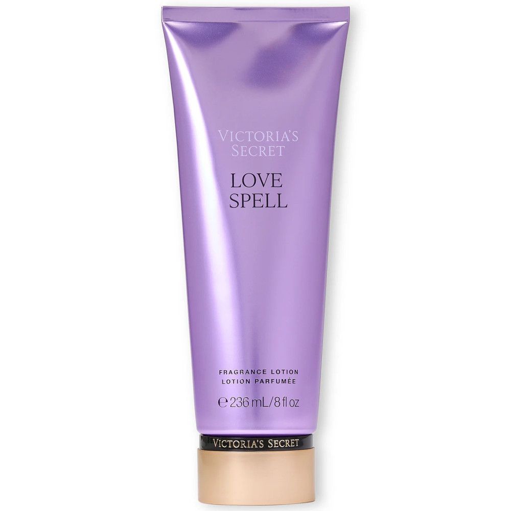 Tube violet avec texte Victoria's Secret, Love Spell, Lotion Parfume.