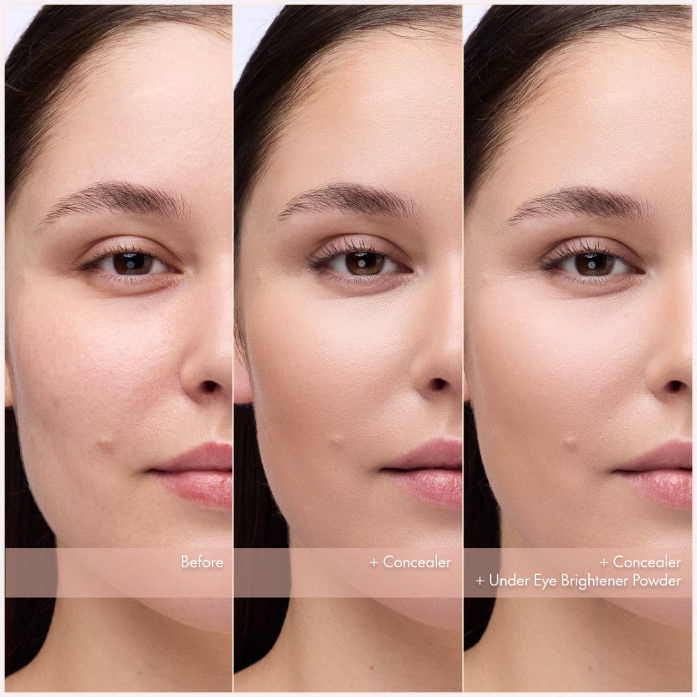 Trois visages d'une femme. Gauche : sans maquillage. Milieu : avec correcteur. Droite : avec correcteur et poudre.