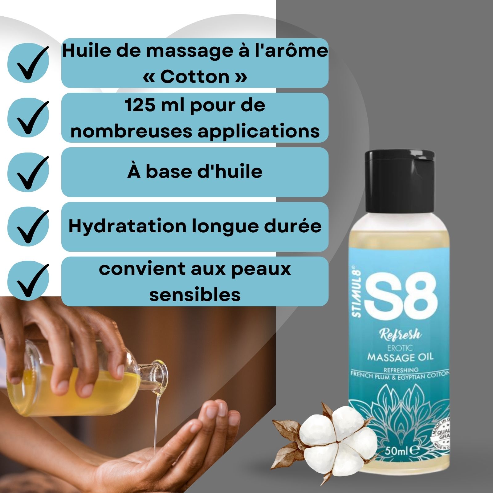 Flacon d'huile de massage S8 Refresh, bouchon noir. Inscription : Erotic Massage Oil. 50ml. Huile versée.