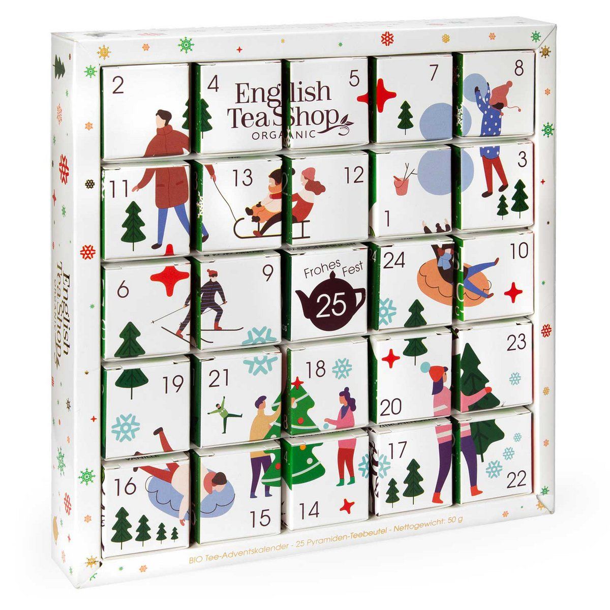 Witte adventskalender met 25 vakjes, wintermotieven. English Tea Shop logo. Biologische thee. 25 piramidezakjes.