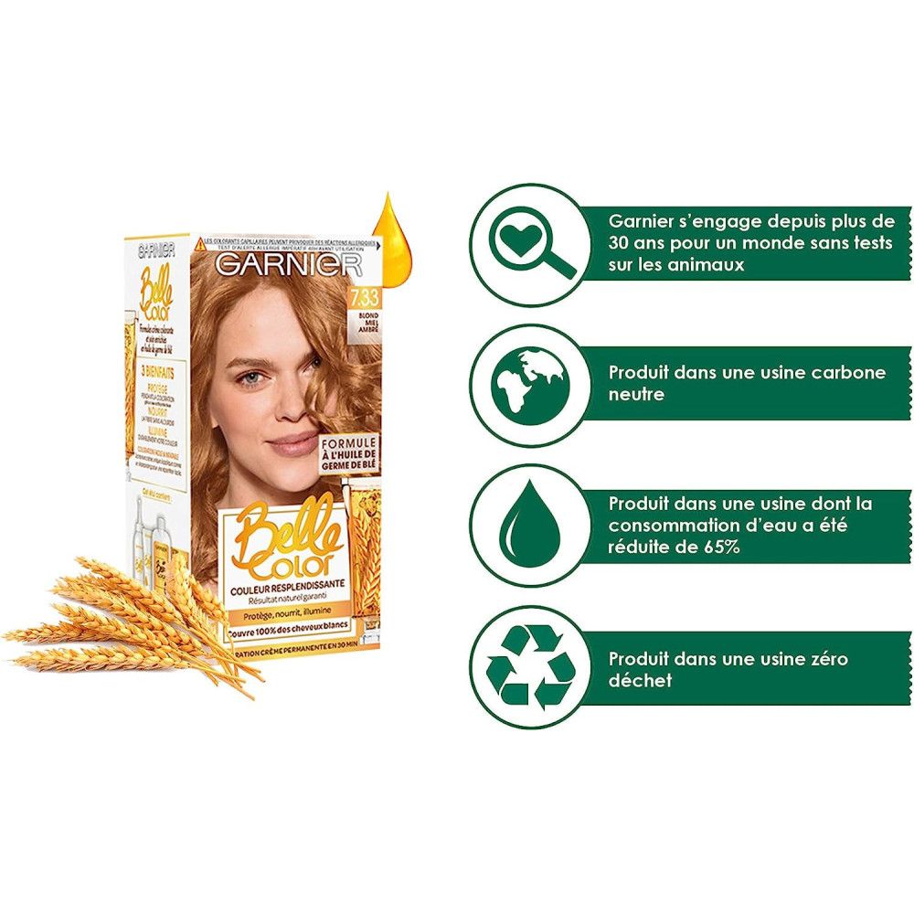 Garnier Belle Color haarkleur. Verpakking met vrouw en tarwe. Tekst: 7.33 Blond Miel Ambré. Milieu-informatie.