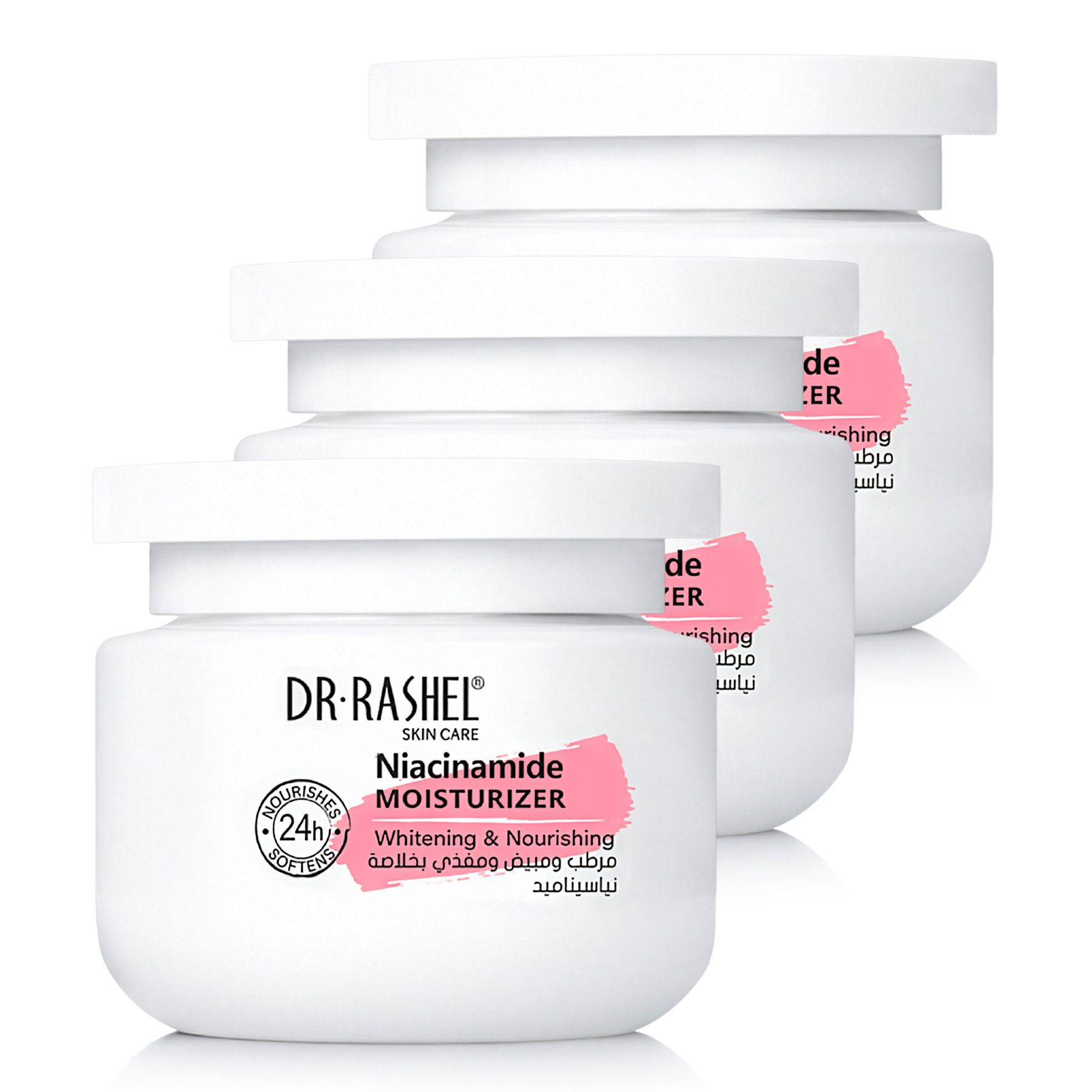 Drie witte potten Dr. Rashel Niacinamide Moisturizer, 24 uur voedend.