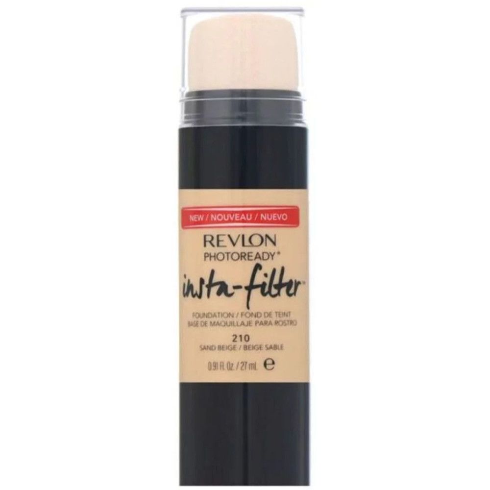 Fond de teint Revlon Insta-Filter. Tube noir avec applicateur éponge. Teinte beige 210. Inscriptions: NEW, PHOTOREADY, insta-filter.