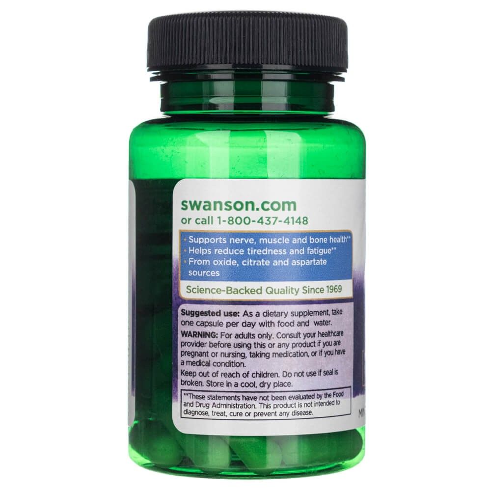 Dos des capsules Swanson Triple Magnesium Complex. Contient les instructions d'utilisation et la promesse de qualité.