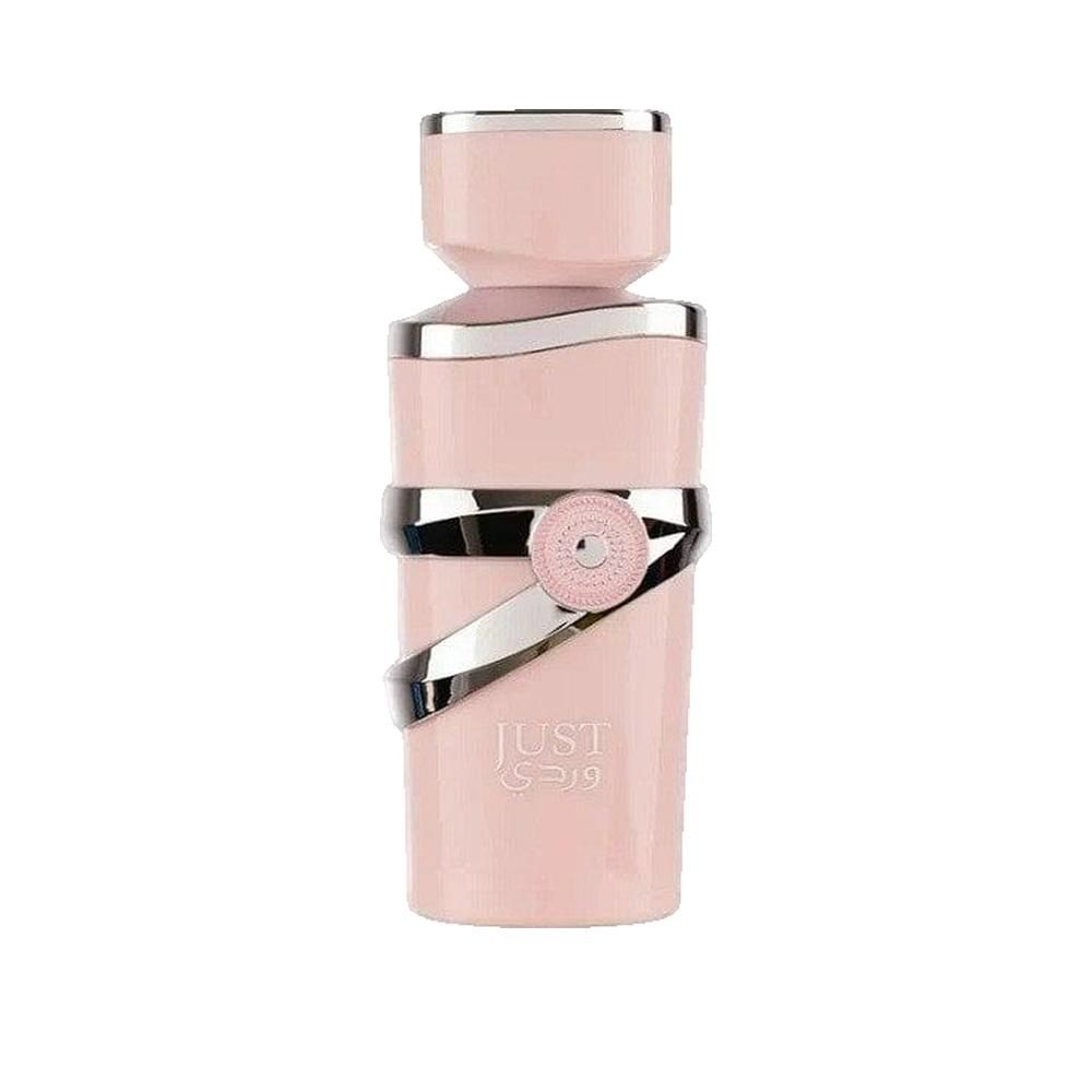 Flacon rose avec détails argentés. Le bouchon et une bande sont argentés. Le mot "JUST" est visible sur le flacon.