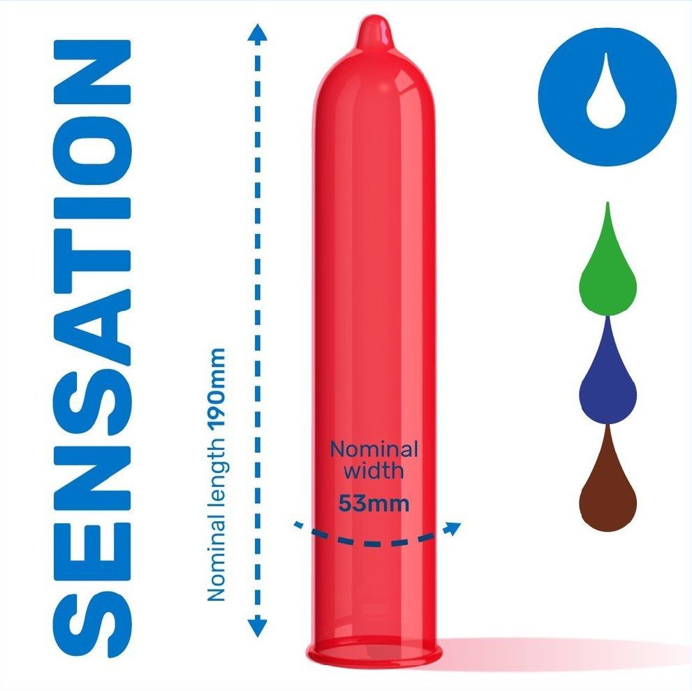 Préservatif rouge, longueur 190mm, largeur 53mm. Symboles de gouttes colorées.