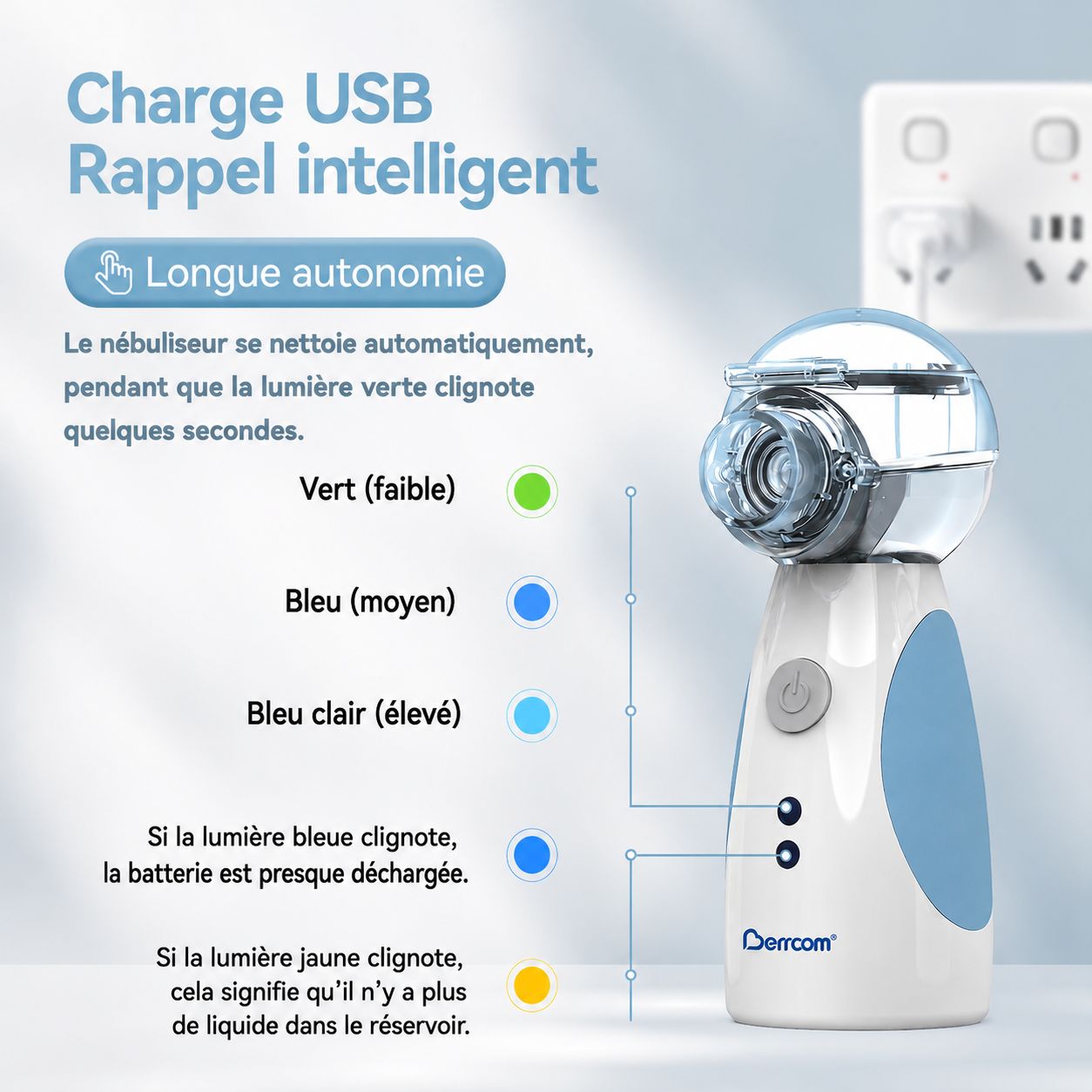 Un nébuliseur portable avec des accents bleus et blancs. Indique différents niveaux de charge et de liquide par des lumières colorées.