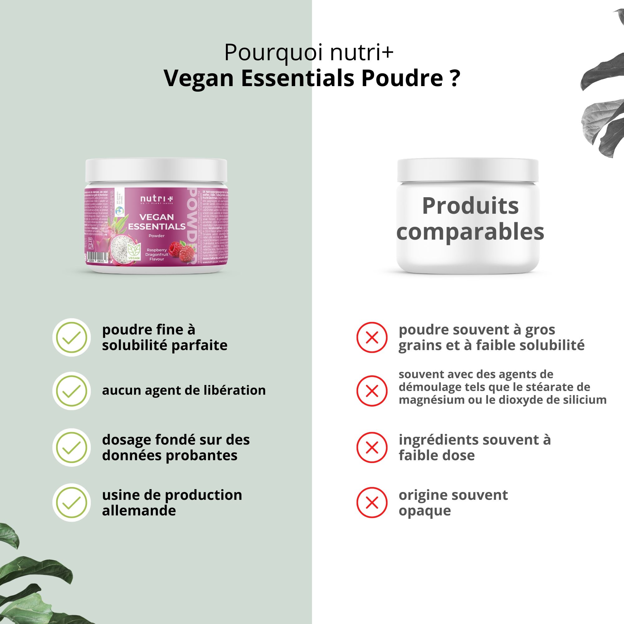 Poudre Nutri+ Vegan Essentials: Poudre fine, parfaite solubilité, sans agents de démoulage, dosage basé sur preuves, production allemande.