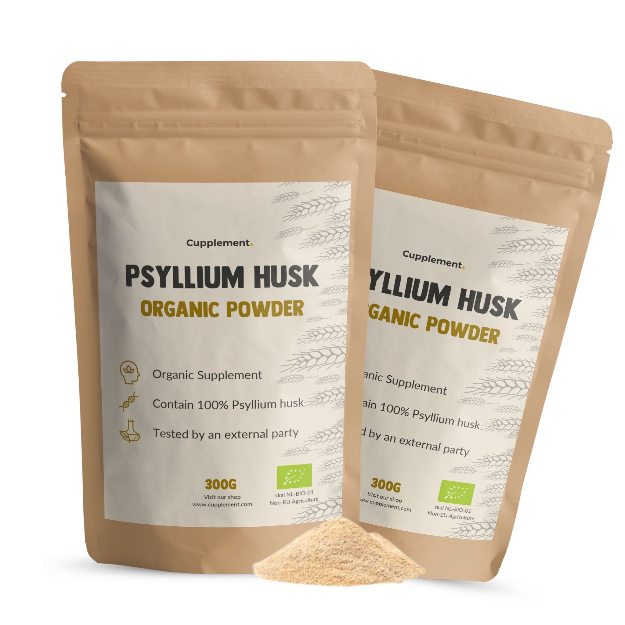 Twee zakken Cupplement psylliumpoeder. Bruine verpakking met wit etiket. Kleine hoop poeder.