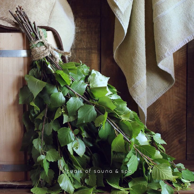 Bundel berkenrijshout met groene bladeren, gebonden met touw. Naast een houten emmer en handdoek.