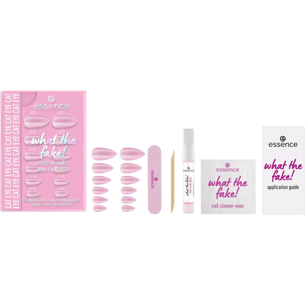 Kit de manucure avec faux ongles à coller. Contient ongles, lime, colle, lingettes nettoyantes et instructions. Emballage rose.