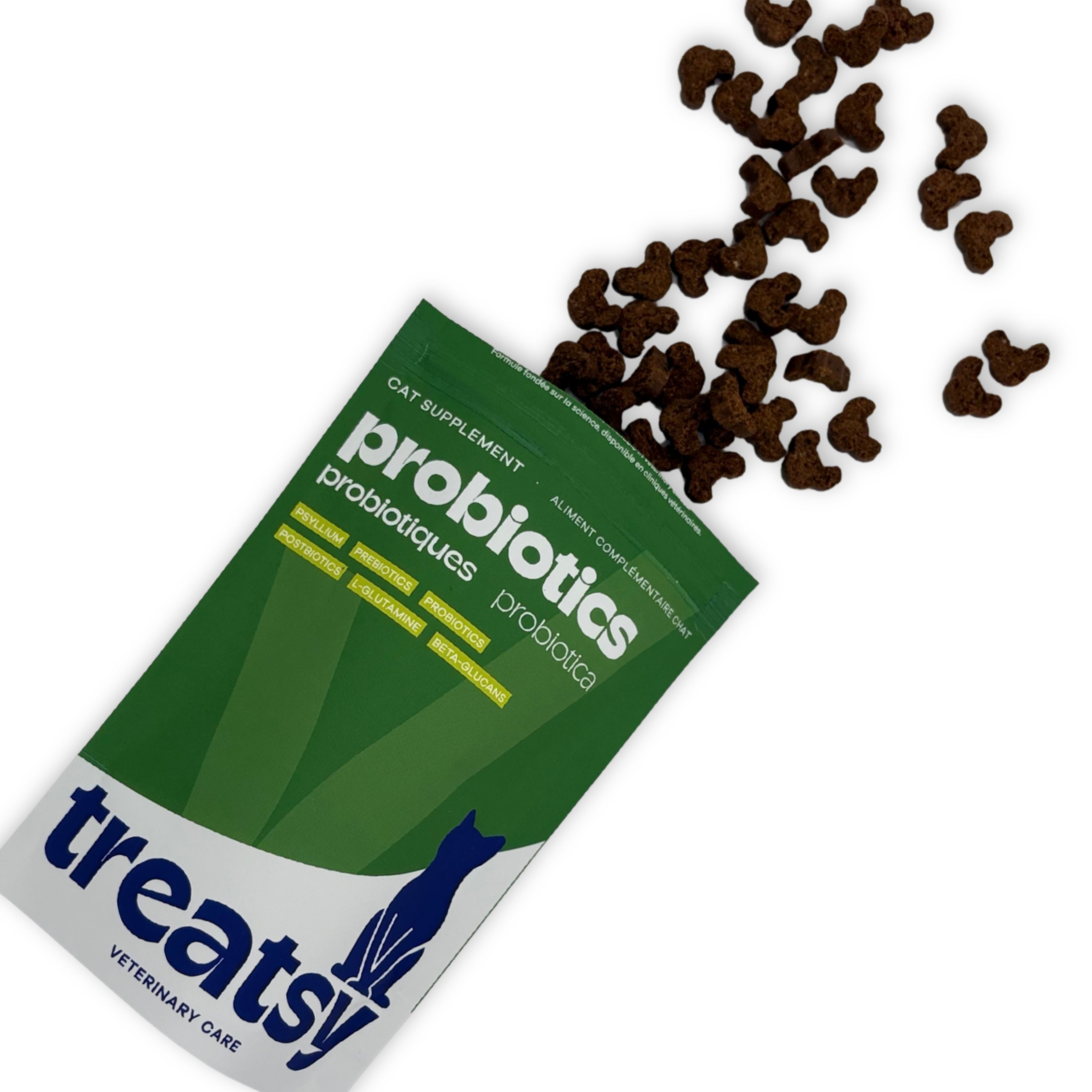 Groene zak met « Probiotics » voor katten. Bruine, muisvormige snoepjes vallen eruit. Tekst: Treatsy.