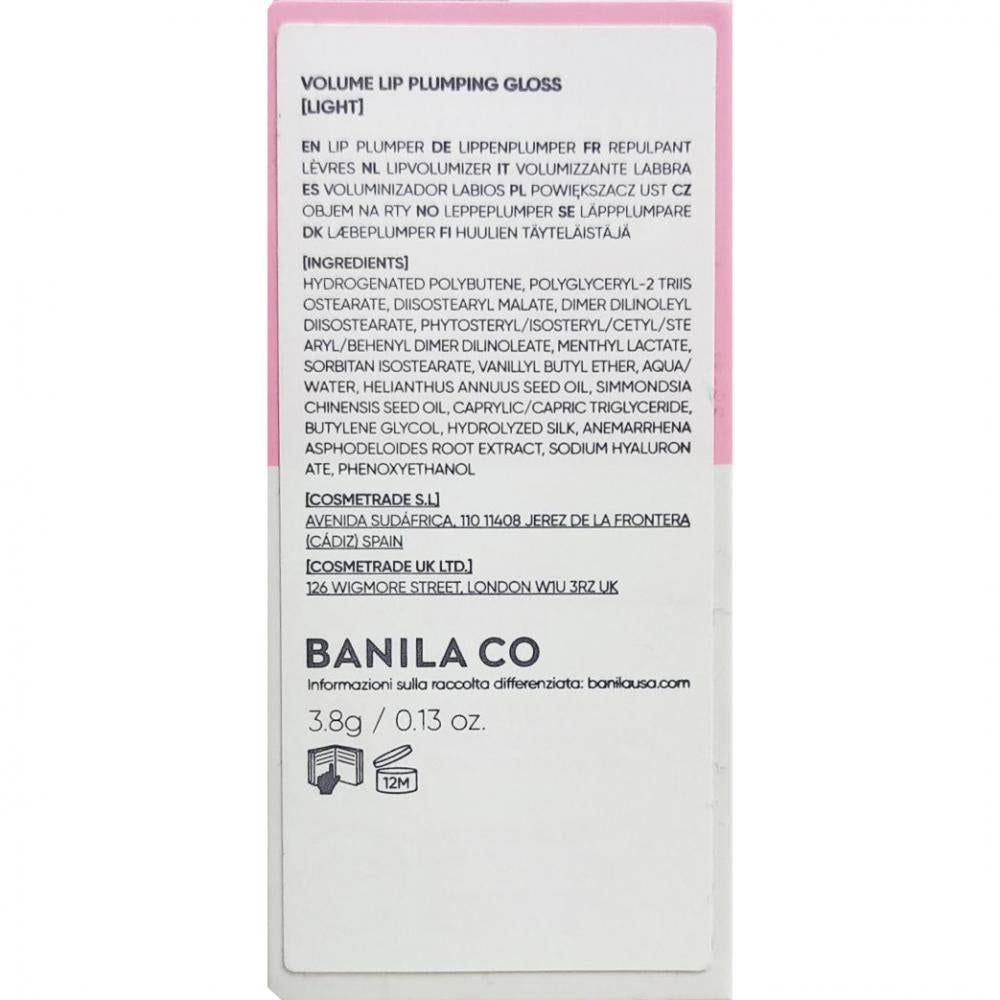 Volume Lip Plumping Gloss, licht. Bevat ingrediënten en productinformatie.