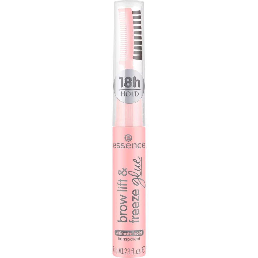 Tube rose avec texte noir et applicateur brosse/peigne. Nom du produit : brow lift & freeze glue. 18H Hold.
