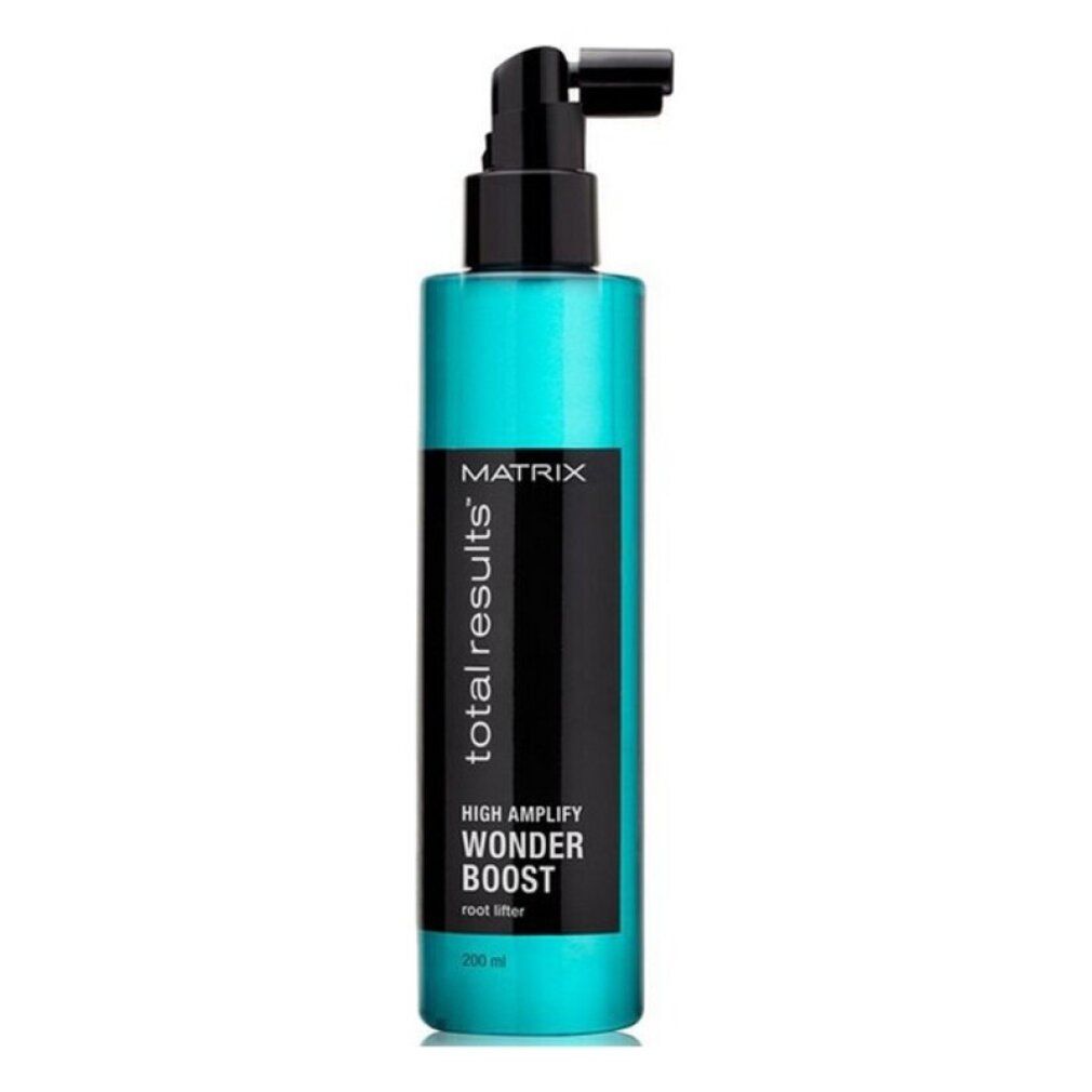 Turquoise en zwarte fles met zwarte pomp. Opschrift: Total Results, High Amplify, Wonder Boost, Root Lifter.