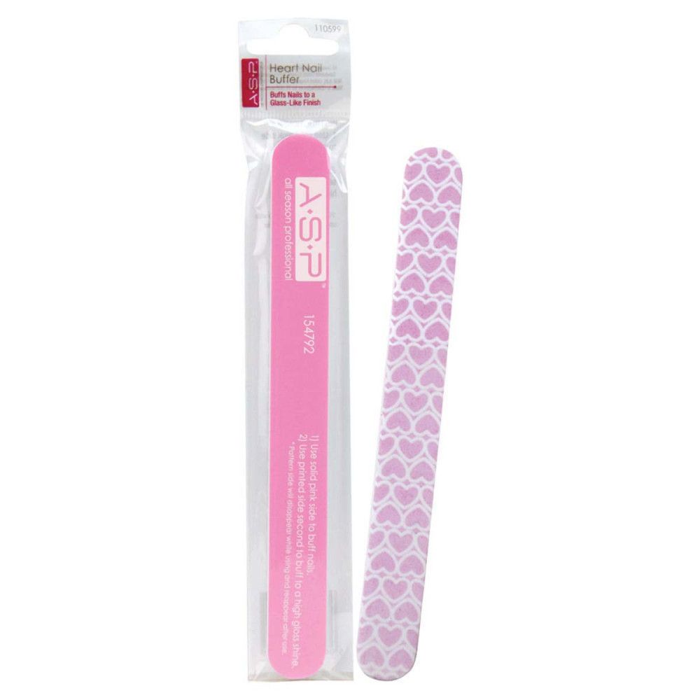 Roze nagelvijl met hartjespatroon, in folieverpakking. Gedrukt: A.S.P. en productnaam. Een andere vijl ligt ernaast.
