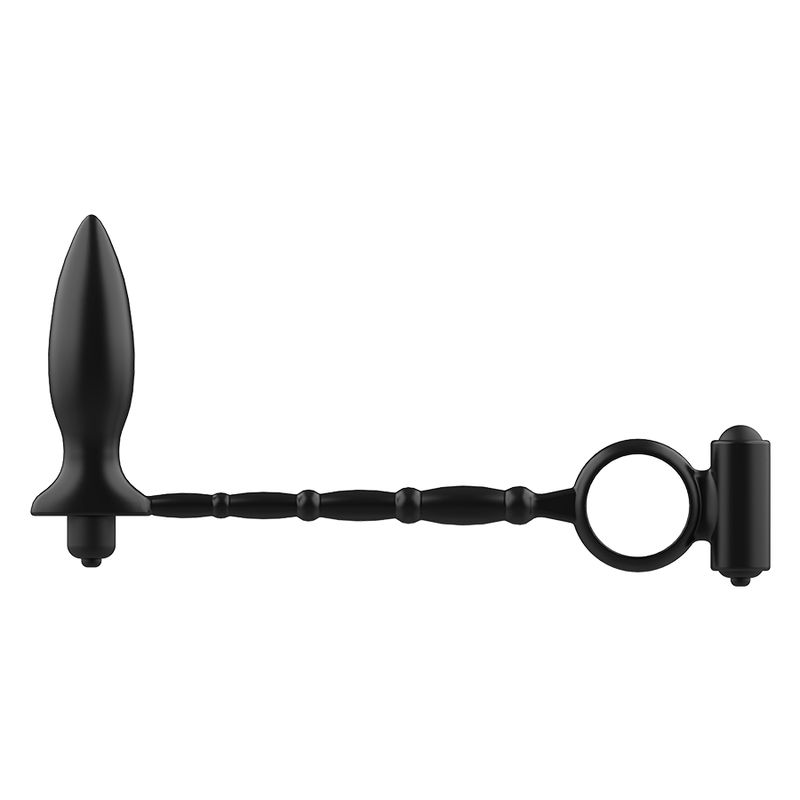 Plug anal noir avec tige flexible et anneau. Vue latérale. Silicone.