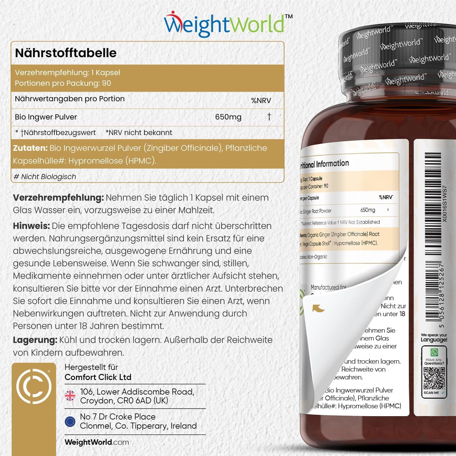 Voedingswaardetabel en ingrediënten van WeightWorld biologische gembercapsules. Fles met 90 capsules.