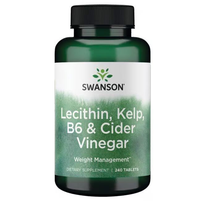 Groene fles met zwarte dop. Wit etiket met productnaam en merk SWANSON. Bevat 240 tabletten.