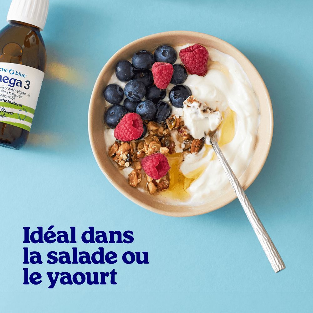 Bouteille d'huile d'algues Oméga 3 saveur citron, label V-Label Vegan et informations sur les ingrédients.