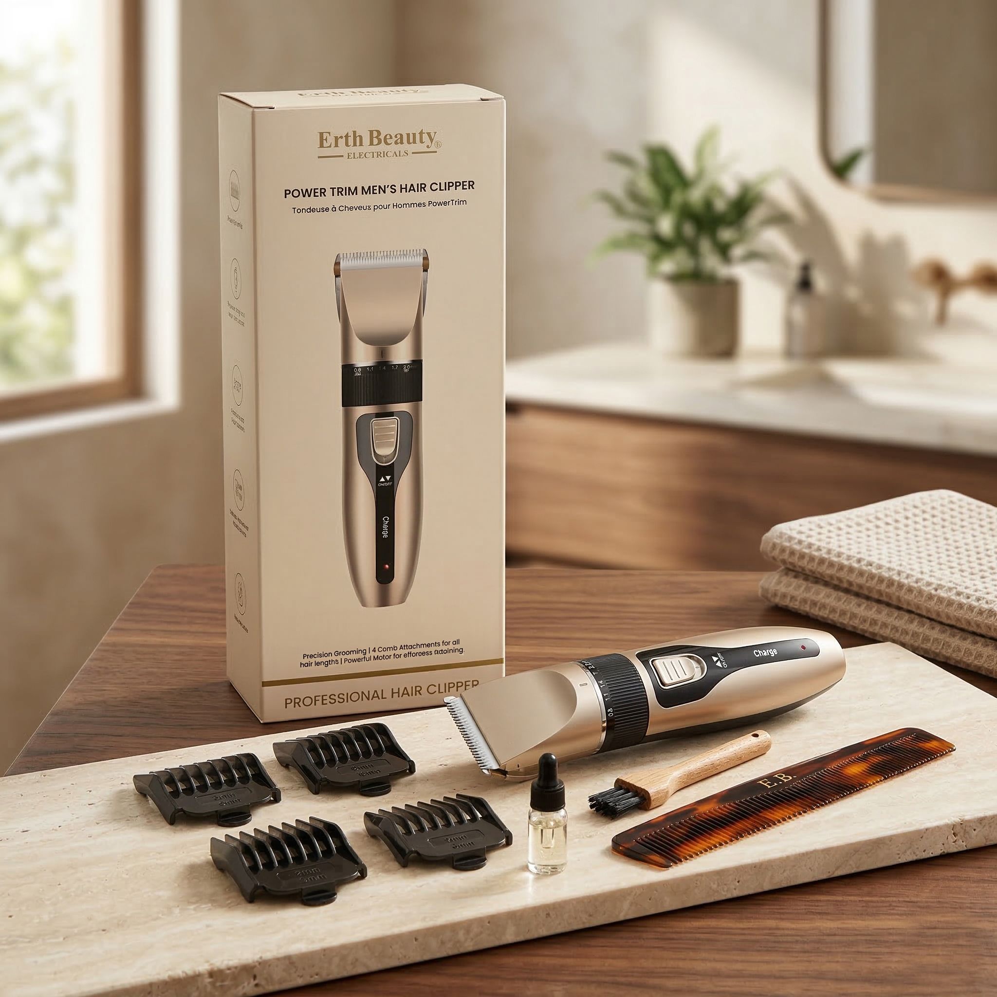 Tondeuse à cheveux dorée pour hommes avec sabots, peigne, brosse et huile dans son emballage.