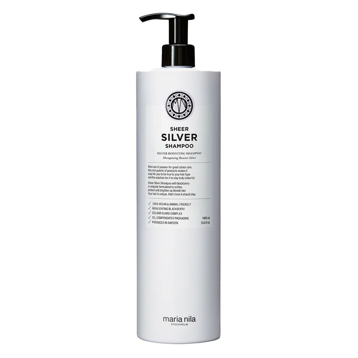 Bouteille blanche avec distributeur à pompe, inscription 'Sheer Silver Shampoo', 1000ml.