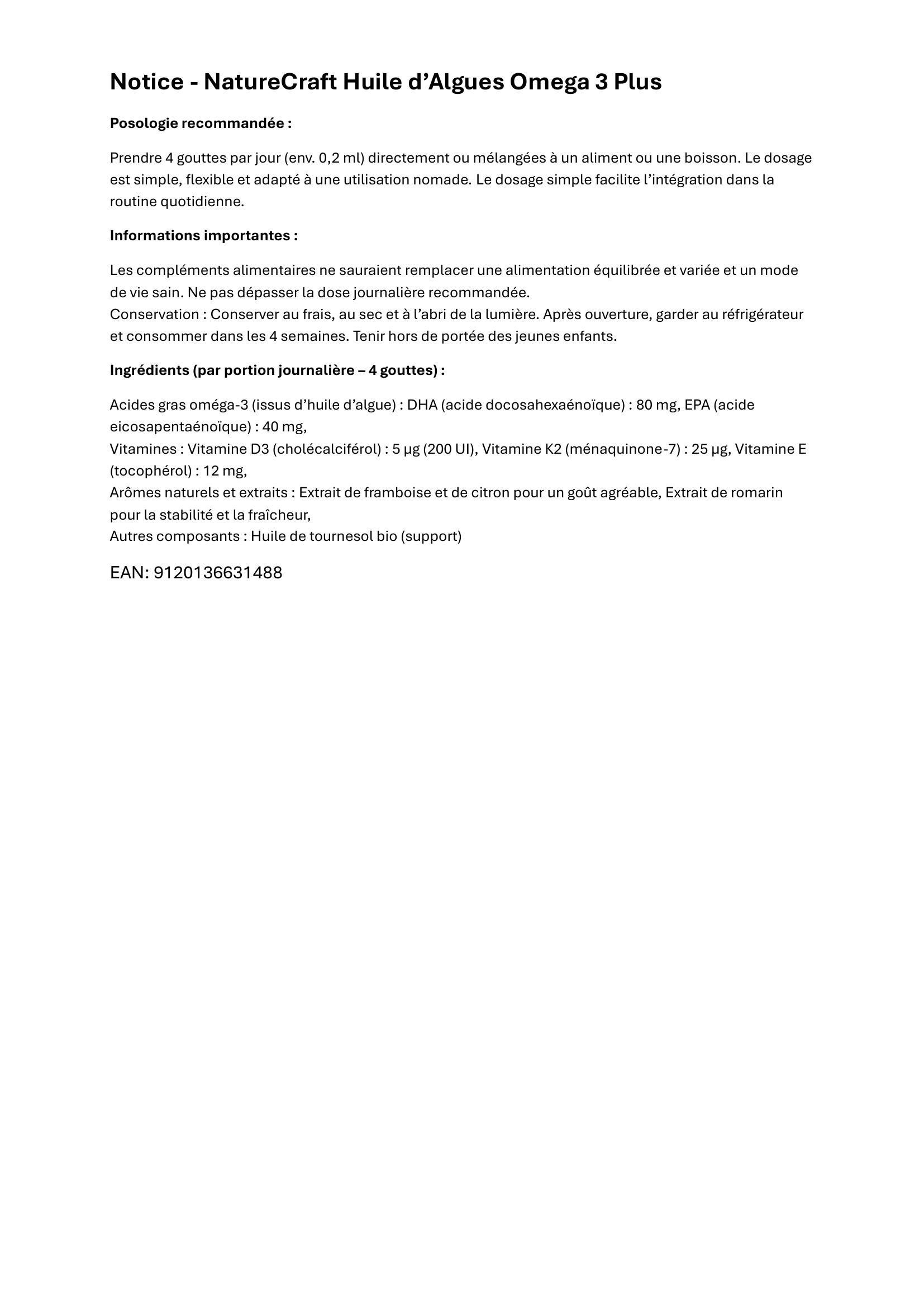 Texte avec informations sur NatureCraft Huile d'Algues Omega 3 Plus. Dosage, ingrédients, avertissements.