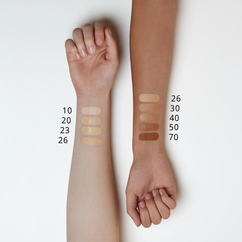 Armen met concealer kleurmonsters. Op lichtere huid: 10, 20, 23, 26. Op donkere huid: 26, 30, 40, 50, 70. Nummers naast de tinten.