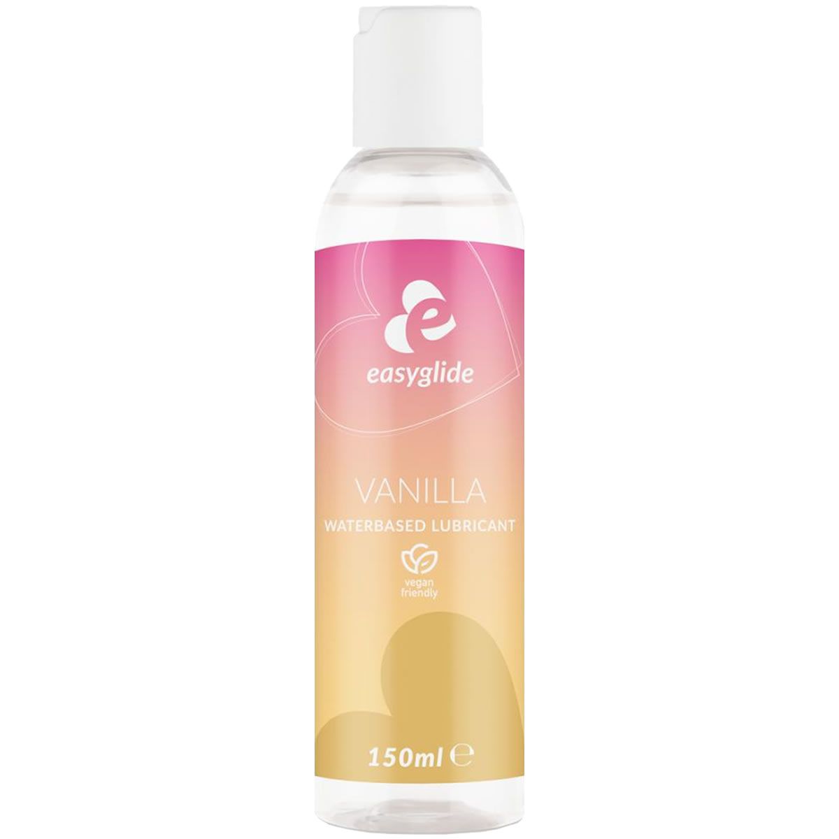 Fles met witte dop. Etiket met roze en gele gradiënt. Opschrift: easyglide, VANILLA, glijmiddel op waterbasis. Vegan-zegel.