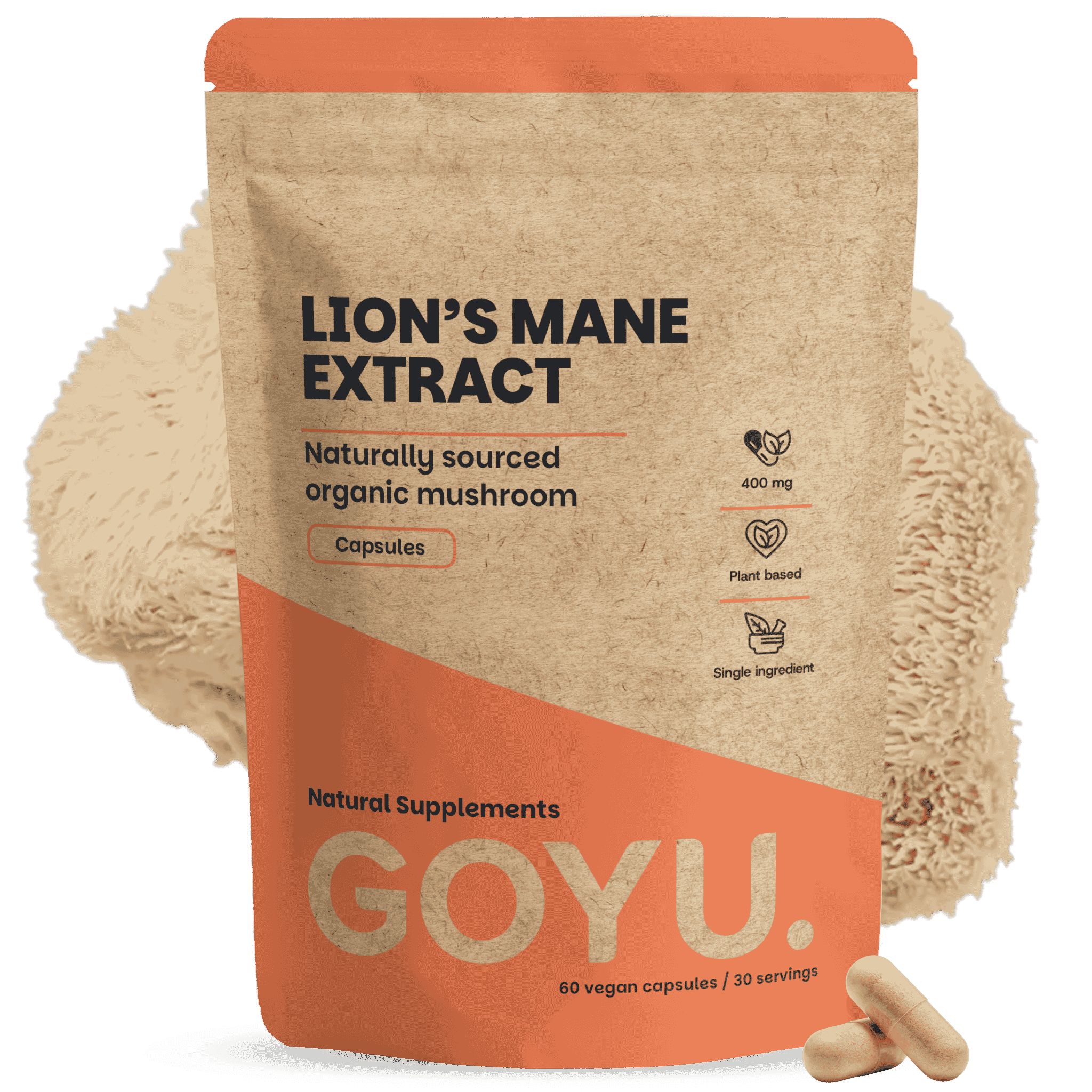 Sachet papier brun d'extrait de crinière de lion, 400 mg, 60 gélules végétales.