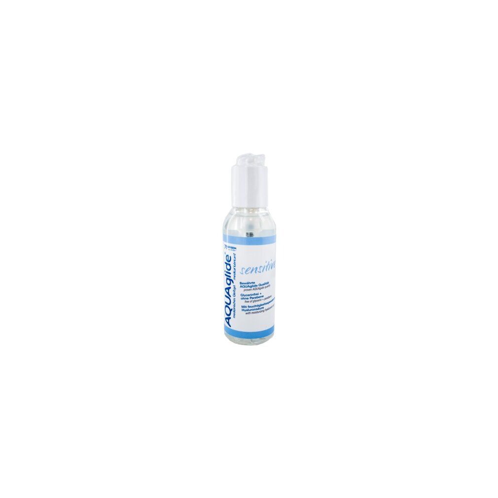 Petit flacon transparent avec pompe blanche. Étiquettes bleues et blanches. Inscription: AQUAglide sensitive.