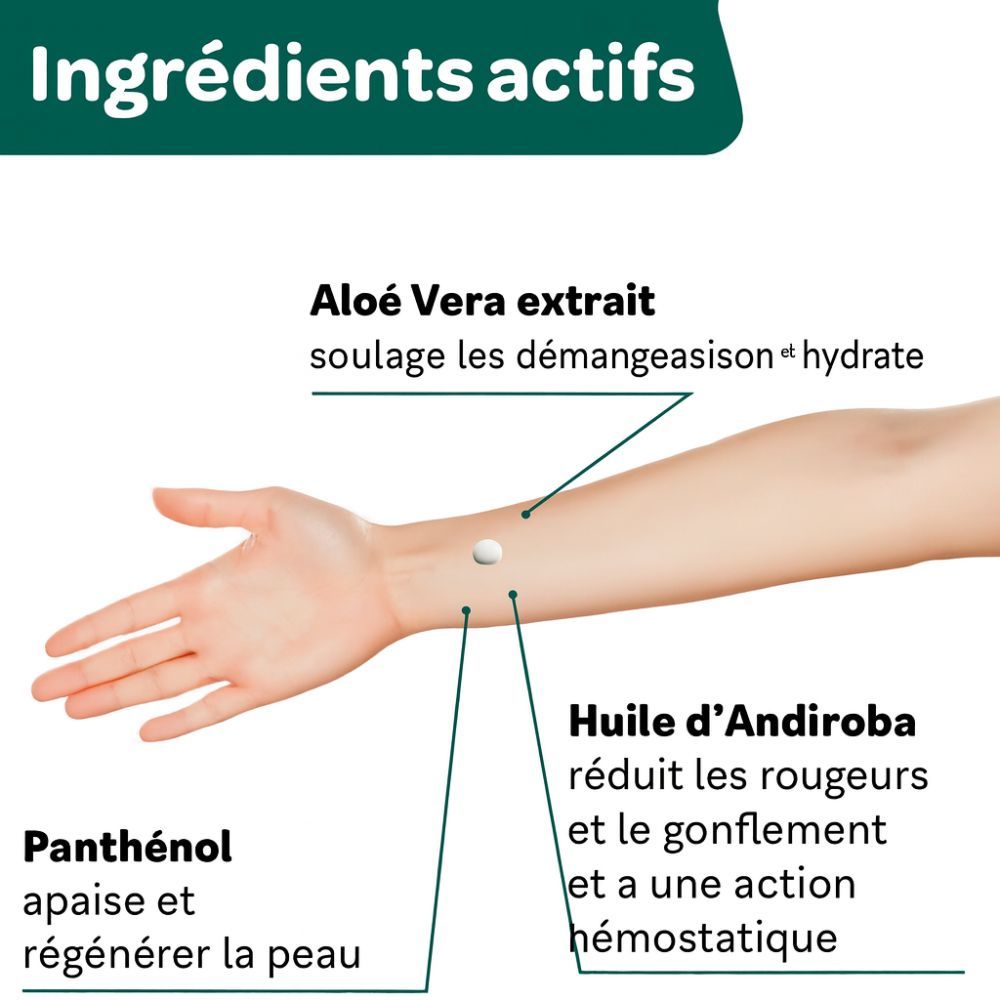 Bras avec ingrédients actifs indiqués. Aloe Vera, Panthénol et huile d'Andiroba. Texte en français.