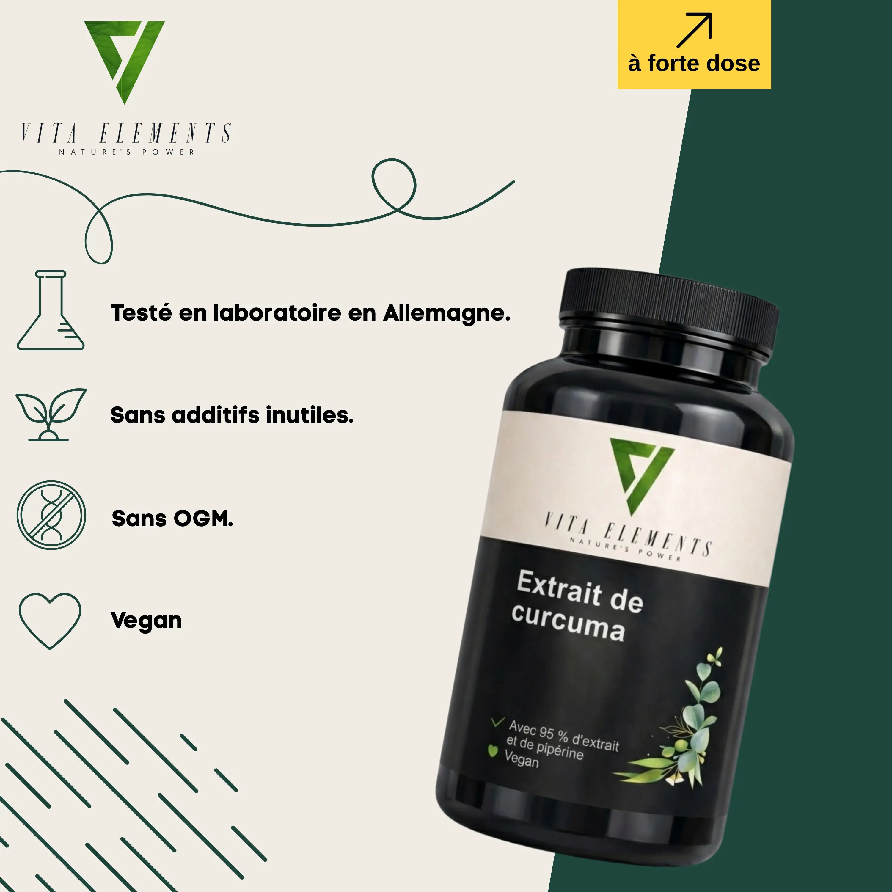 Vita Elements Curcuma Extrait: Testé en laboratoire en Allemagne, sans additifs inutiles, sans OGM, vegan. Flacon avec motif de feuilles.