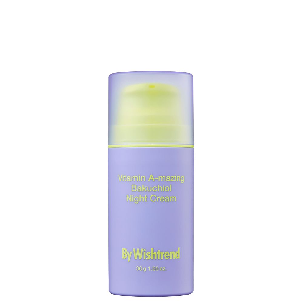 Flacon violet avec pompe, capuchon jaune. Contient la crème de nuit Vitamine A-mazing Bakuchiol.