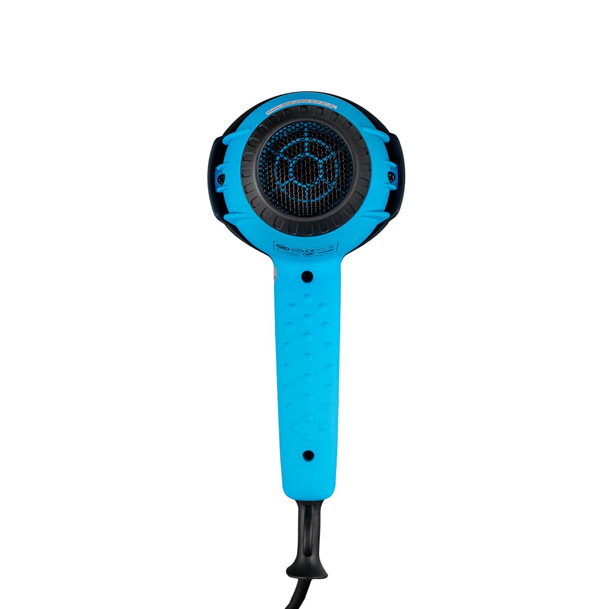Sèche-cheveux bleu, vue arrière. Grille noire. Câble noir.