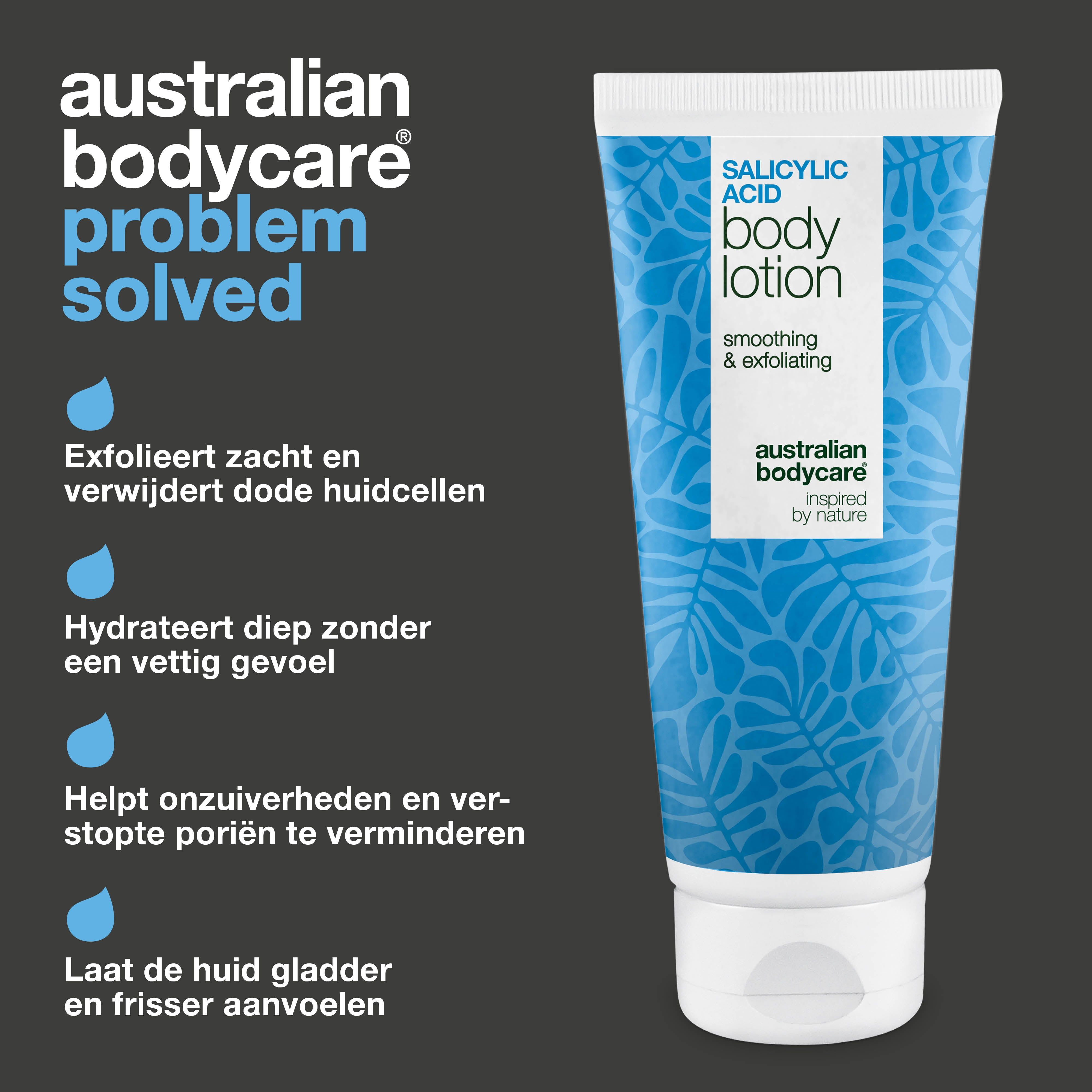 Productadvertentie. Tube bodylotion met salicylzuur. Tekst: exfolieert, hydrateert, vermindert onzuiverheden, maakt huid glad.
