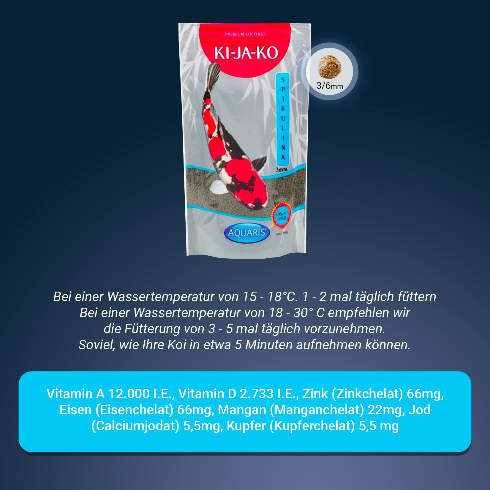 KI-JA-KO Koifischfutter Spirulina Plus 6 mm. Verpakking met koi-afbeelding. Tekst: Spirulina, 3/6 mm. Extra informatie en voedingswaarden.