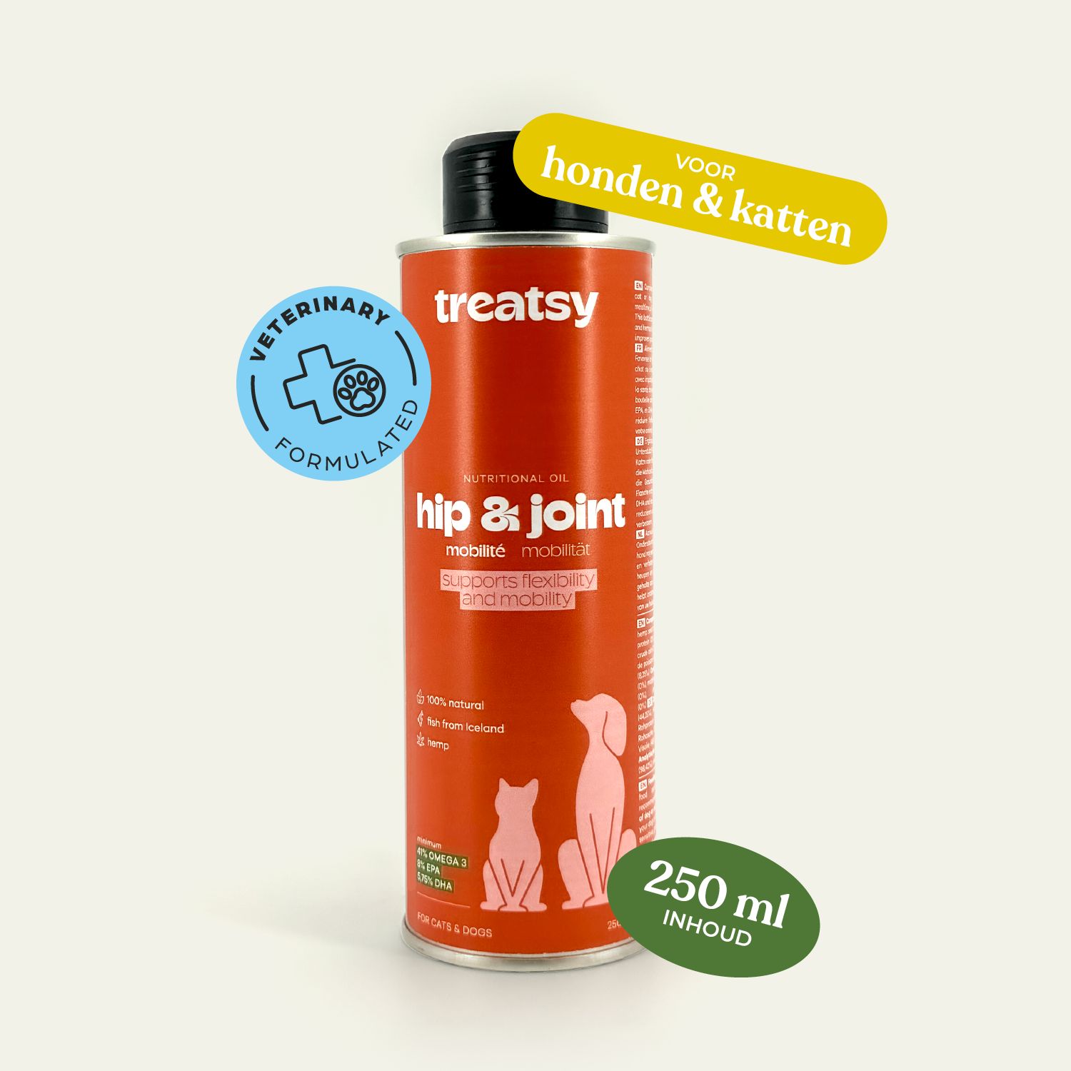 Cilindervormige bus met zwarte deksel. Opschrift: Treatsy, hip & joint, Mobiliteit. Voor honden & katten. Zegel: Dierenartsen.