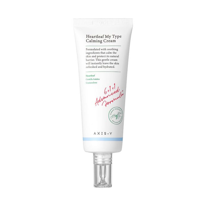 Witte tube met Heartleaf My Type Calming Cream. Transparante applicator. Blauwe accenten.