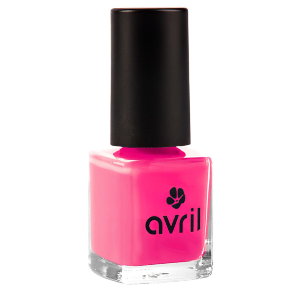 Nagellakfles met zwarte dop. Roze lak, vierkante glazen fles, logo 'avril'.