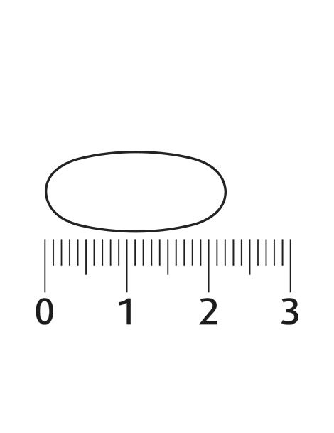 Een enkele, ovale tablet naast een meetschaal. De tablet is ongeveer 2 cm lang.
