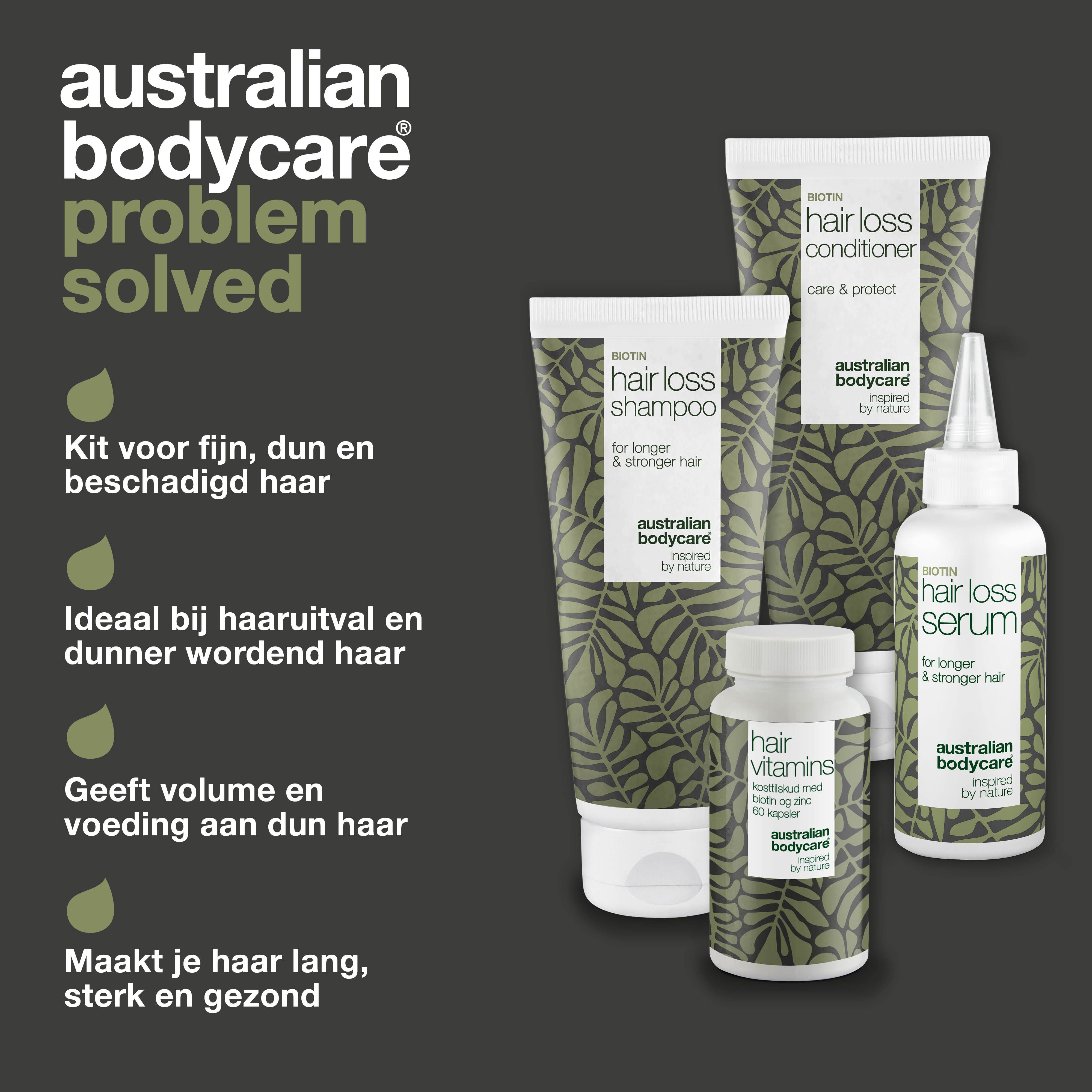 Productset: shampoo, conditioner, serum en tabletten. Tekst: tegen haaruitval, voor gezond haar.
