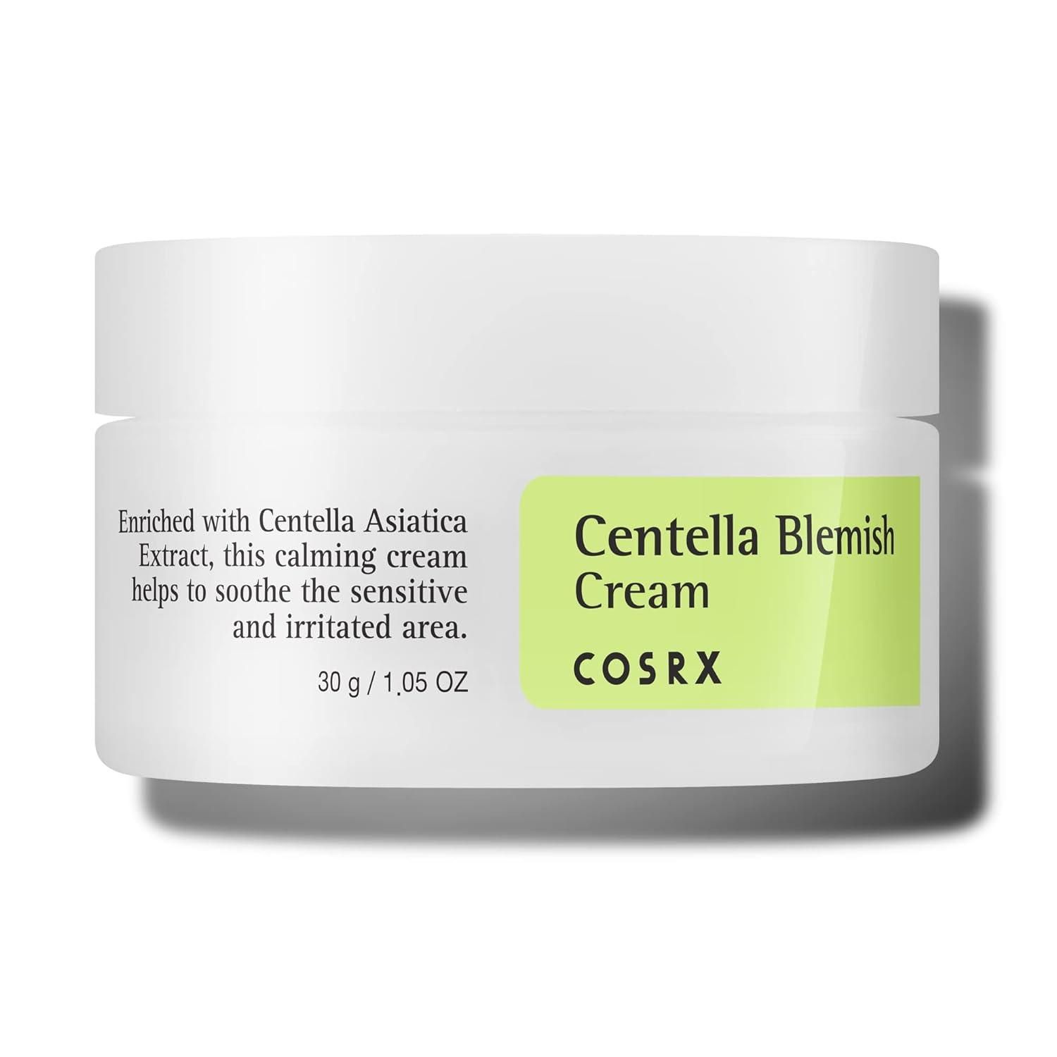 Crèmepot met groen etiket. Tekst: Centella Blemish Cream, COSRX. Opschrift: 30 g / 1,05 OZ.
