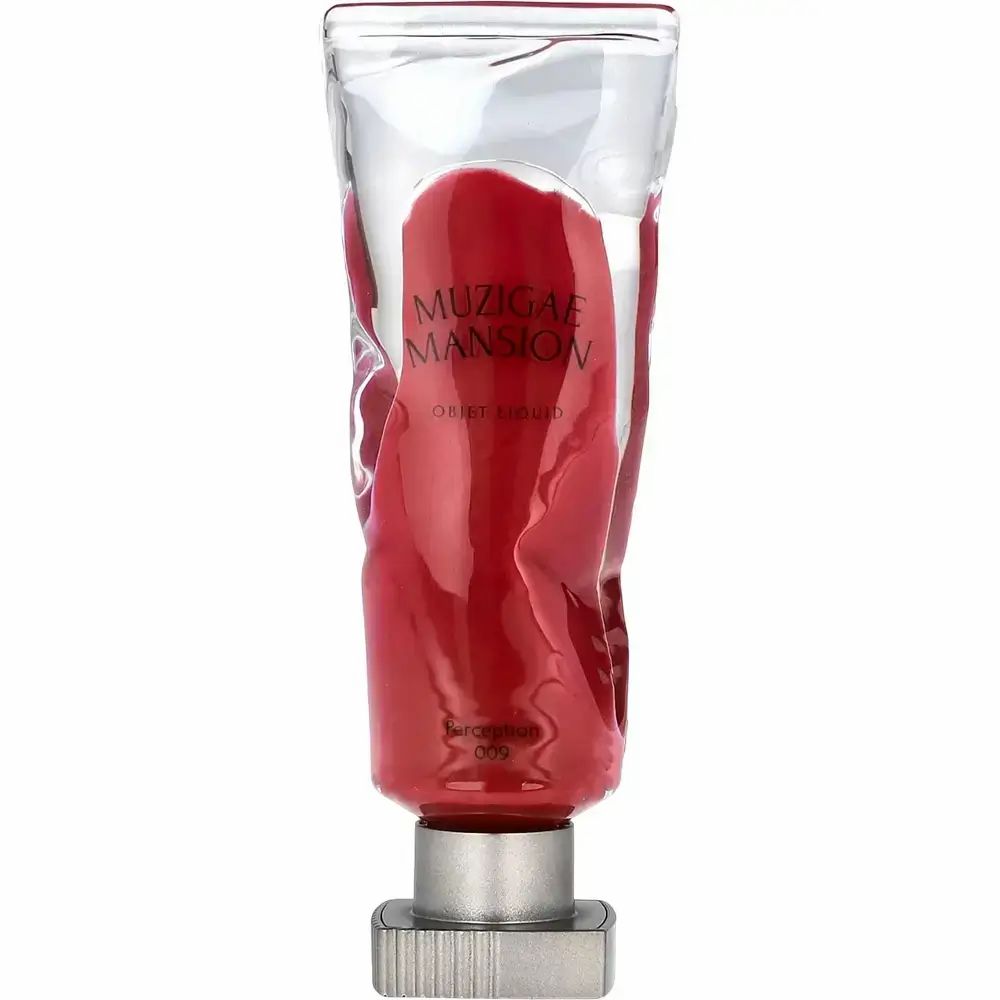 Lip tint in een transparante tube. Merk: MUZIGAE MANSION. Kleur: 009 Perception. Metalen dop.