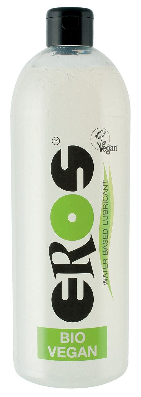 Eros glijmiddel: waterbasis, Bio & Vegan gecertificeerd. Transparante fles met zwarte dop.